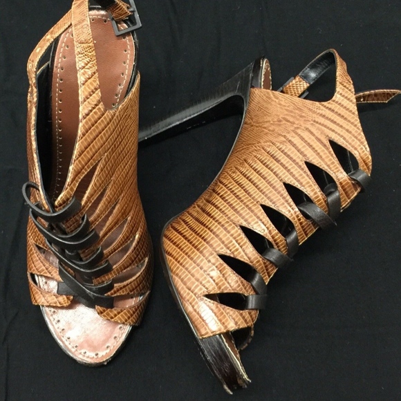 Proenza Schouler 100% Leather Cognac Lizard Peep-toe Sandals - Picture 3 of 8